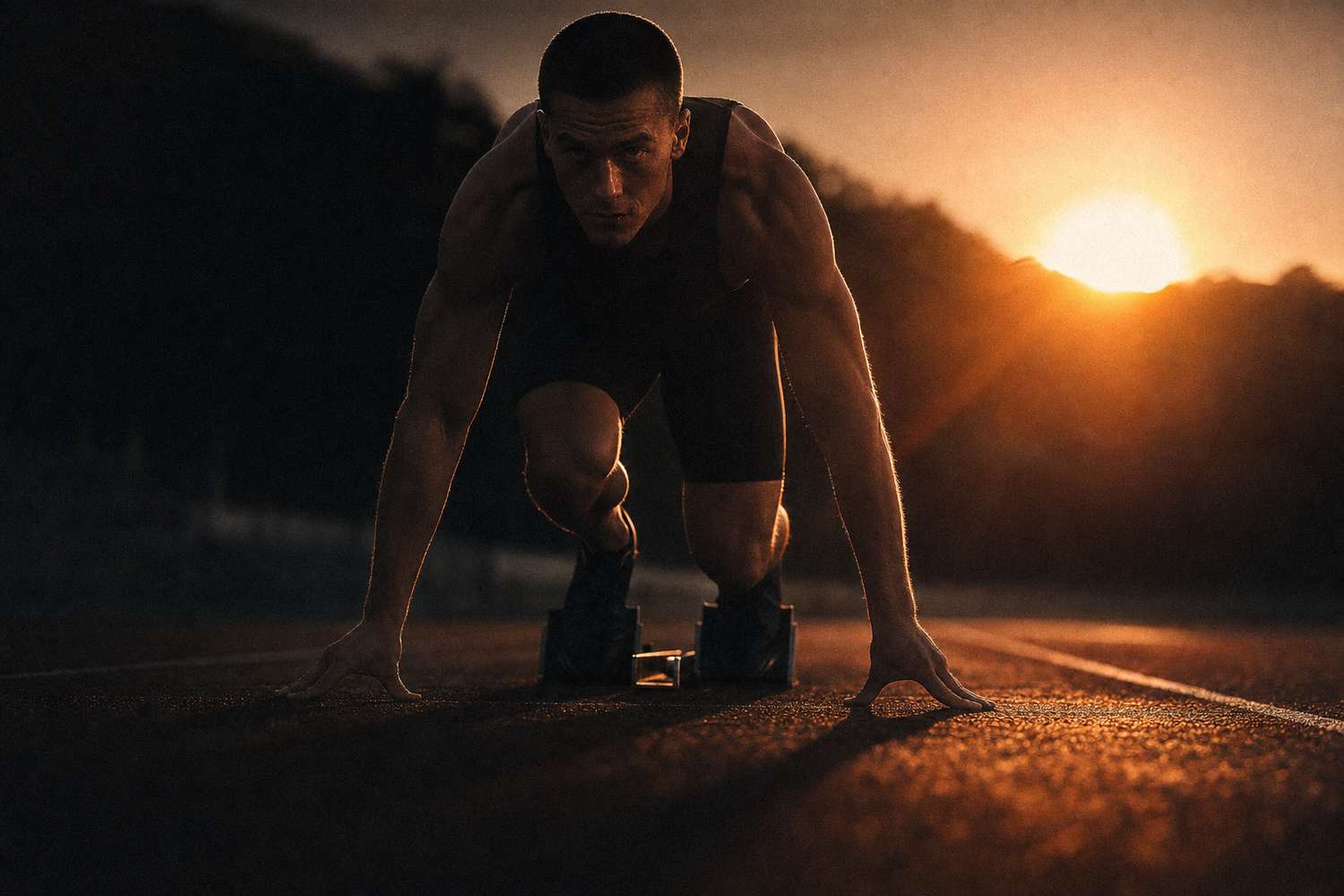 An athlete in the starting blocks on a running track at dawn