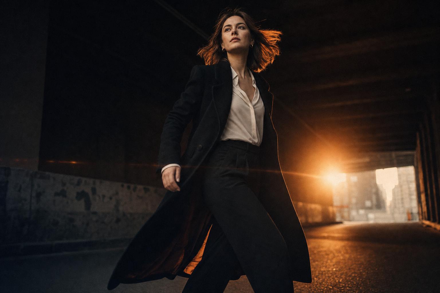 A young professional striding through a city underpass towards the light