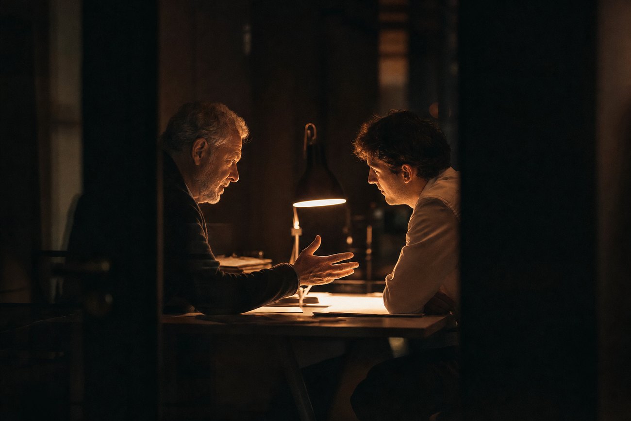 A senior mentor coaching a young professional across a desk at night